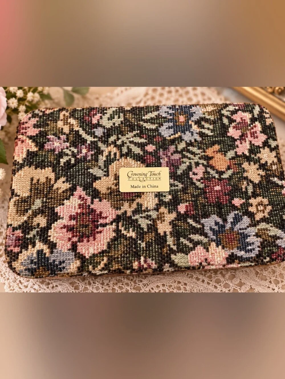 Vintage Crowning Touch Floral Tapestry Jewelry Trinket Box Cottagecore